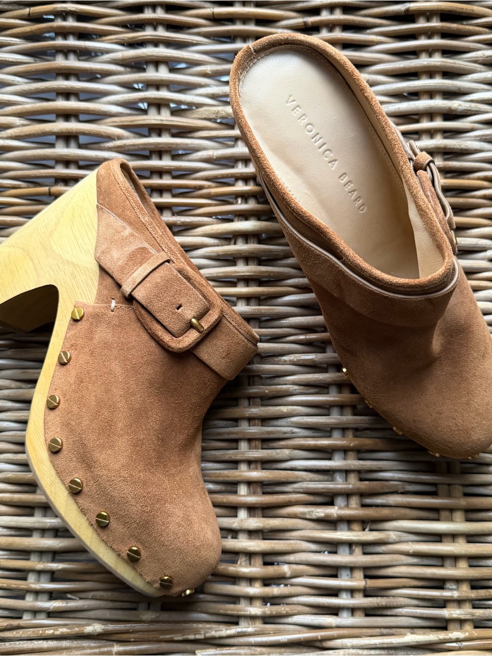 Veronica Beard Dacey Suede Clogs Gold Studs Wood Heel Clog Mule 7.5 Brown Fall